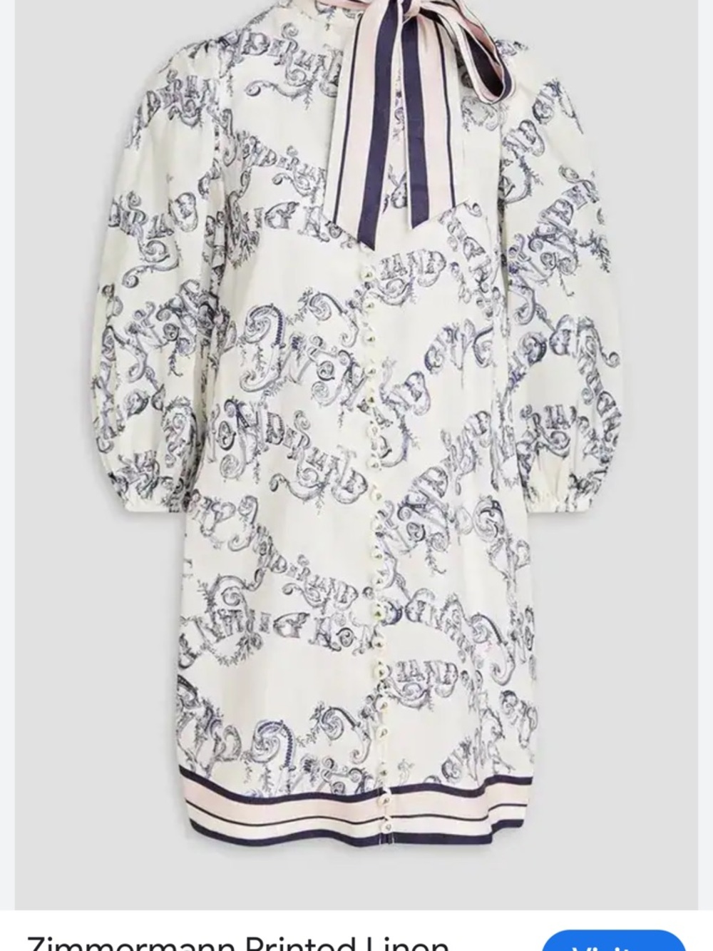 Zimmermann Cream Mini Dress with Navy Scroll Print and Striped Tie-Neck
